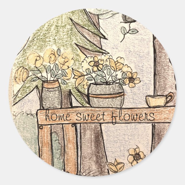 Sticker Rond maison fleurs douces (Devant)