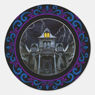 Sticker Rond Maison Halloween bleu violet hantée