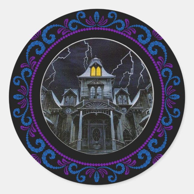 Sticker Rond Maison Halloween bleu violet hantée (Devant)