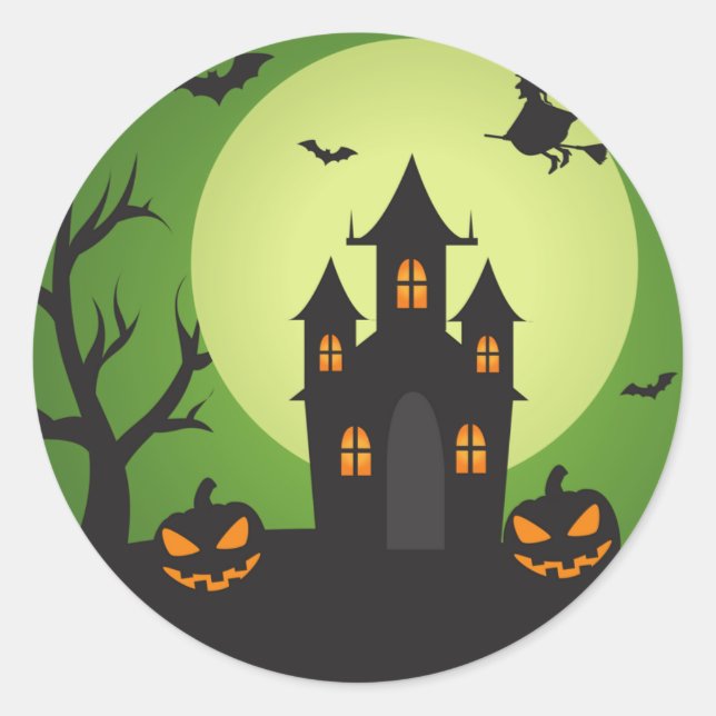 Sticker Rond Maison hantée avec Halloween Citrouilles Éffrayant (Devant)