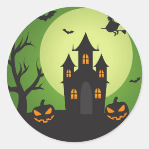 Sticker Rond Maison hantée avec Halloween Citrouilles Éffrayant