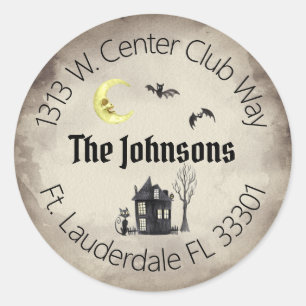 Sticker Rond Maison hantée Halloween Adresse de retour Étiquett