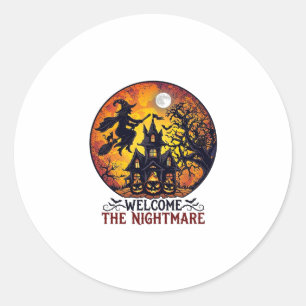 Sticker Rond Maison Hantée Halloween Bienvenue Cauchemar Volant