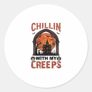 Sticker Rond Maison hantée Halloween Chillin Creeps Lune Orange