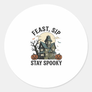 Sticker Rond Maison Hantée Halloween Gravure Vintage Épouvantab