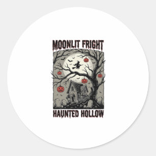 Sticker Rond Maison Hantée Halloween Gravure Vintage Lune Shi