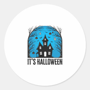 Sticker Rond Maison Hantée Halloween Lune Gravure Vintage Dés