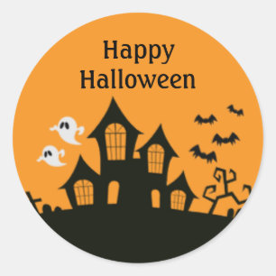 Sticker Rond Maison hantée Happy Halloween Orange Noir Éffrayan