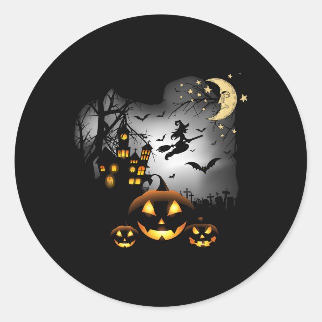 Sticker Rond Maison hantée - Sorcière volante - Jack-o'-lantern (Devant)