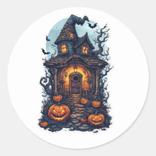Sticker Rond Maison Haunted Halloween avec Citrouilles - Éffray