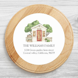 Sticker Rond Maison Rustique Porte Rouge Adresse de Ferme de Ca