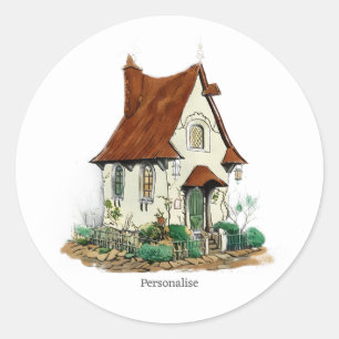 Sticker Rond Maison Vintage Whimsical Fairy Witchy Blanc
