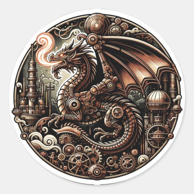 Sticker Rond Majesté mécanique : Le Dragon Steampunk de la Co (Devant)