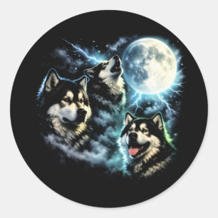Sticker Rond Malamute d'Alaska hurlant à la lune Chien arctique