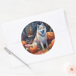 Sticker Rond Malamute d'Halloween en Alaska avec la peur Citrou