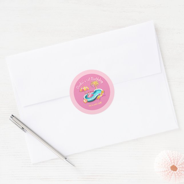 Sticker Rond Malibu Beach Doll Retro Anniversaire Pool Party (Enveloppe)