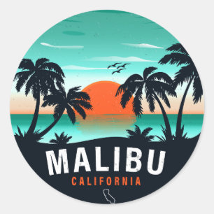 Sticker Rond Malibu California Retro Sunset Tropical Souvenirs