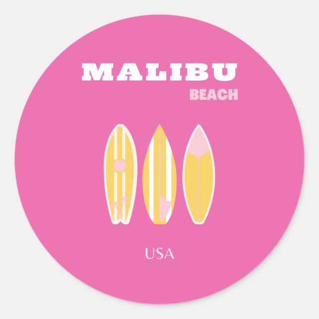 Sticker Rond Malibu, Plage de Malibu, Art du voyage, Preppy, Ro (Devant)
