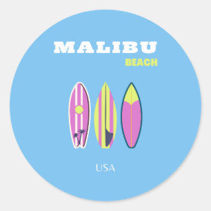 Sticker Rond Malibu, Plage de Malibu, Tropical, Preppy, Bleu