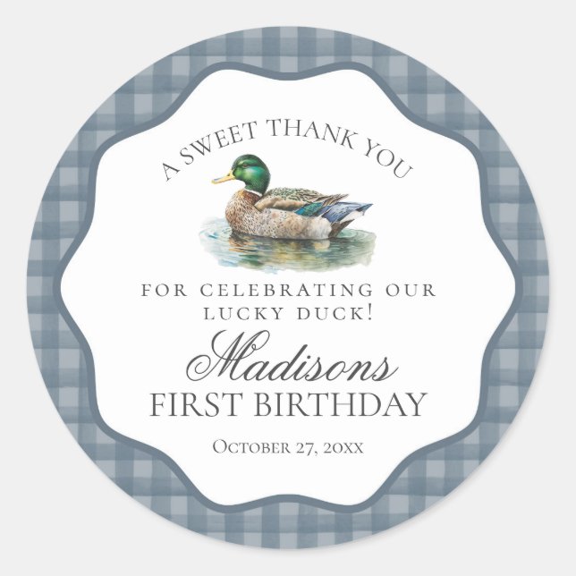 Sticker Rond Mallard Duck Hunting Gingham Boy Birthday Circle (Devant)