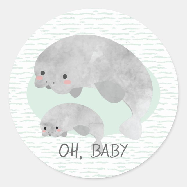 Sticker Rond Mama mignonne & Manate bébé avec Baby shower Waves (Devant)