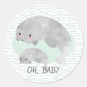 Sticker Rond Mama mignonne & Manate bébé avec Baby shower Waves