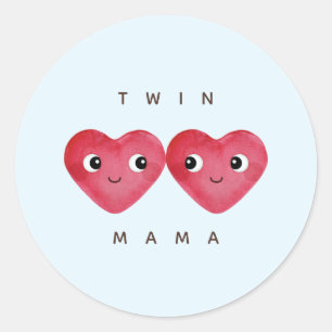 Sticker Rond Mama Twin avec Aquarelle Bleue Coeurs Bébés
