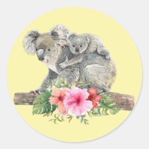 Sticker Rond Maman & Bébé Koala Ours Aquarelle mignonne