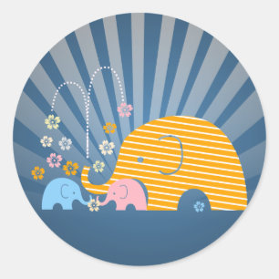 Sticker Rond Maman et bébé animaux d'éléphant avec la fleur