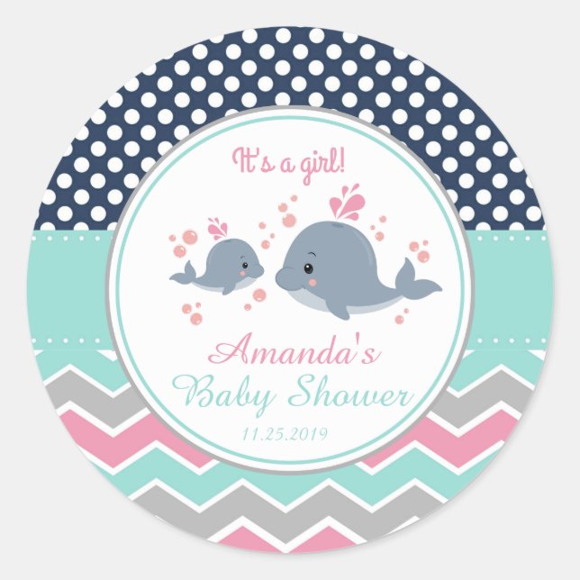 Sticker Rond Maman et bébé Baby shower baleine Merci Favor (Devant)