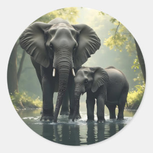 Sticker Rond Maman et bébé éléphant dans la forêt africaine-Rai