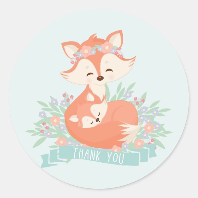 Sticker Rond Maman et bébé Fox Blue Boy Baby shower Merci (Devant)