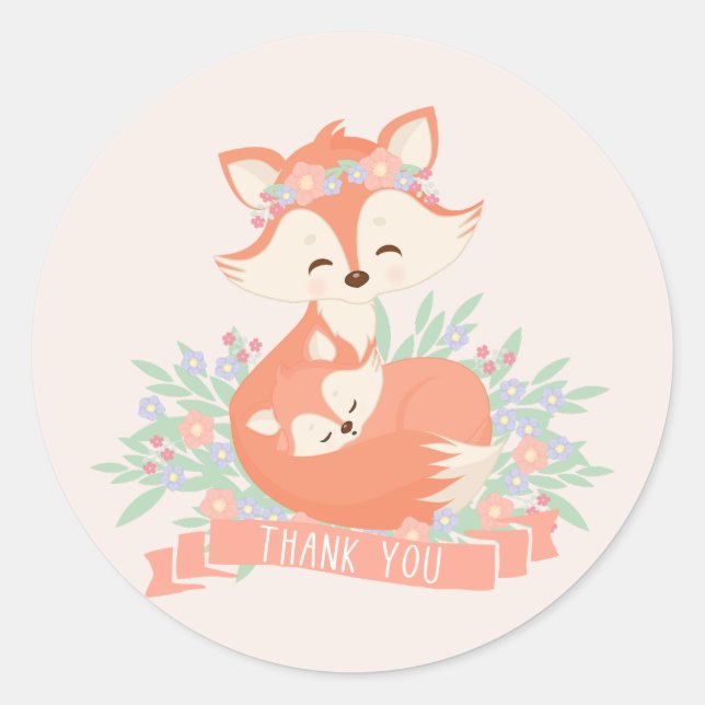 Sticker Rond Maman et bébé Fox Blush Baby shower Merci (Devant)