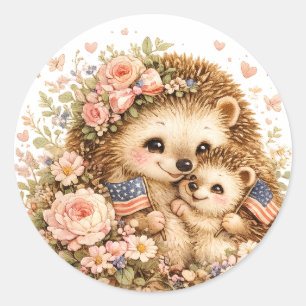 Sticker Rond Maman patriote & Bébé Hérisson Art à l'aquarelle