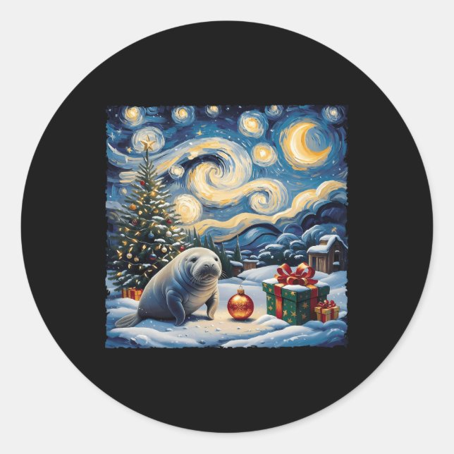 Sticker Rond Manatee Van Gogh Style Starry Night Christmas Wint (Devant)