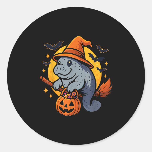 Sticker Rond Manatee Witch Hat Pumpkin Halloween Soky Season  (Devant)