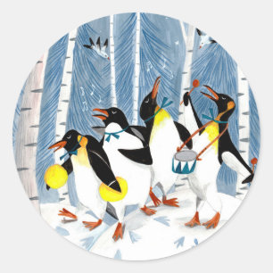 Sticker Rond Manchots musiciens bleus mignons neige amusant car