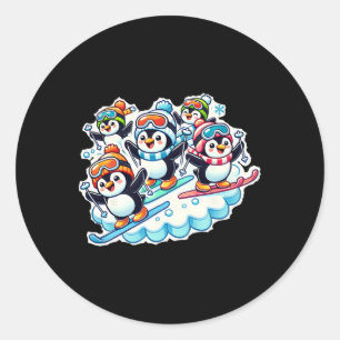 Sticker Rond Manchots skient en équipement de neige et profiten