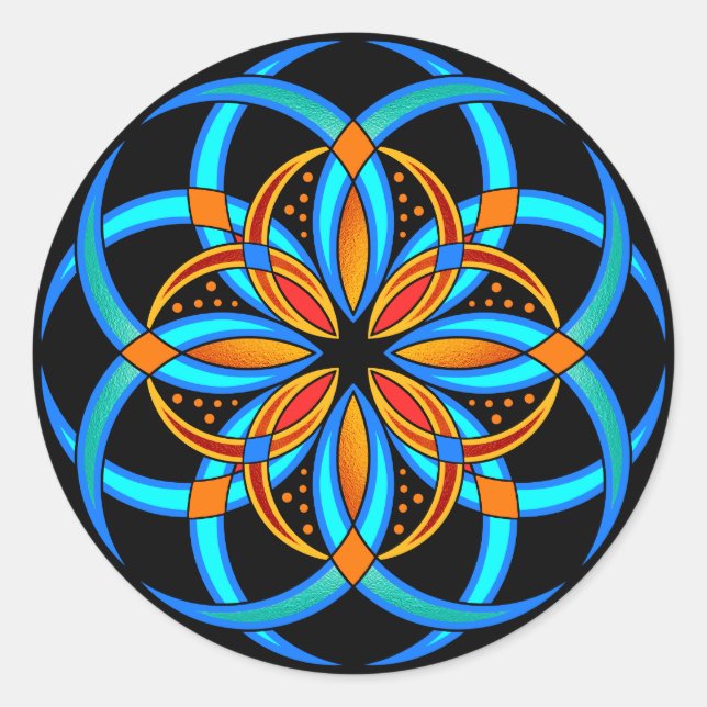Sticker Rond mandala à fleurs géométriques turquoise orange (Devant)