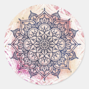 Sticker Rond Mandala aérien joyeux rose violet jaune bleu et or