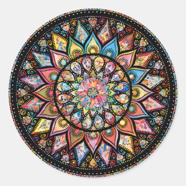 STICKER ROND MANDALA ARTS - NOIR ET BLANC - DIAMANT FLEURI (Devant)