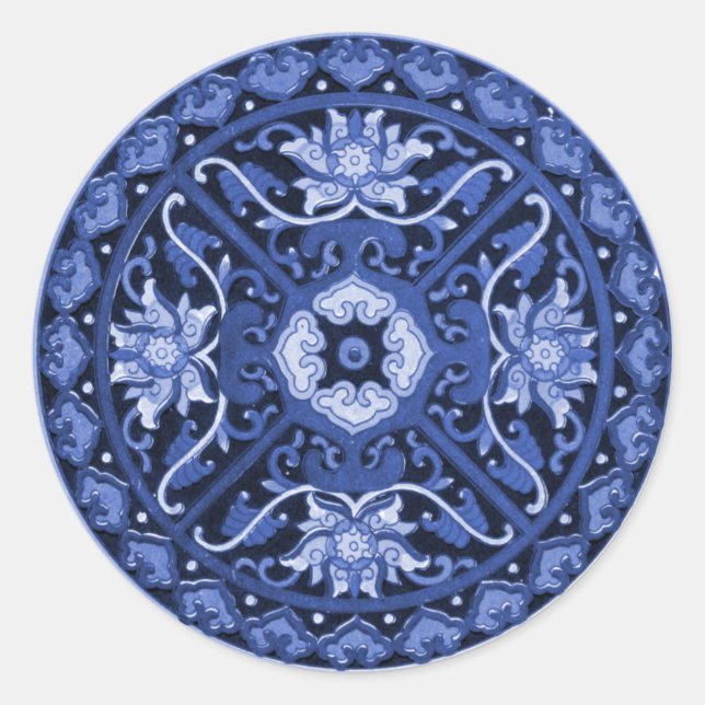 Sticker Rond Mandala blanc et bleu chinois antique (Devant)