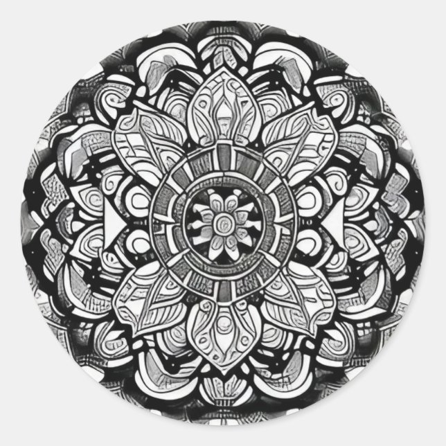 Sticker rond Mandala classique noir et blanc (Devant)