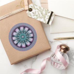 Sticker Rond Mandala de fleurs rose et sarcelle