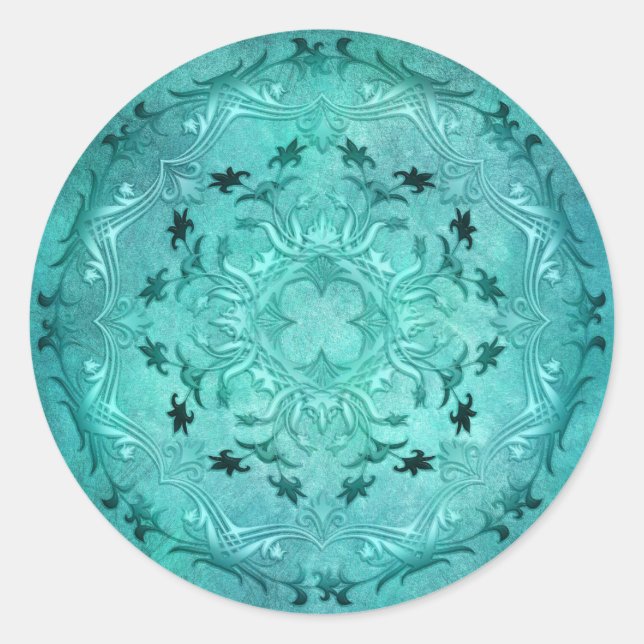Sticker Rond Mandala de grunge à fleurs ethniques turquoise (Devant)