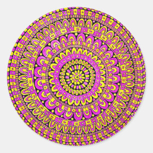 Sticker Rond Mandala dessiné à la main couleur jaune violet