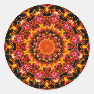 Sticker Rond Mandala éclatant d'or, ambre orange rouge abstrai