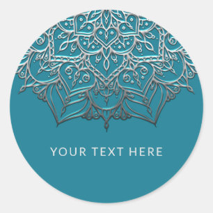 Sticker Rond Mandala Élégant Minimaliste Bleu Vert et Argent po