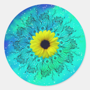 Sticker Rond Mandala et tournesol bleu turquoise étoilé