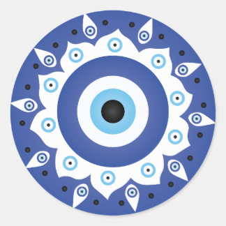 Sticker Rond Mandala Grec Mal Oeil Bleu Blanc